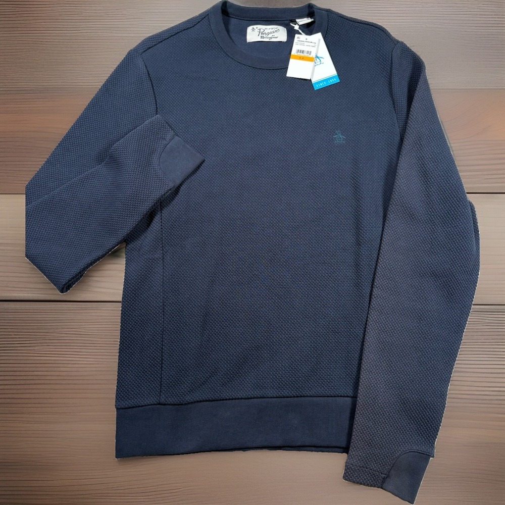 Original Penguin Mens Crewneck Sweater Navy Blue Waffle Pullover OPKF6093OP